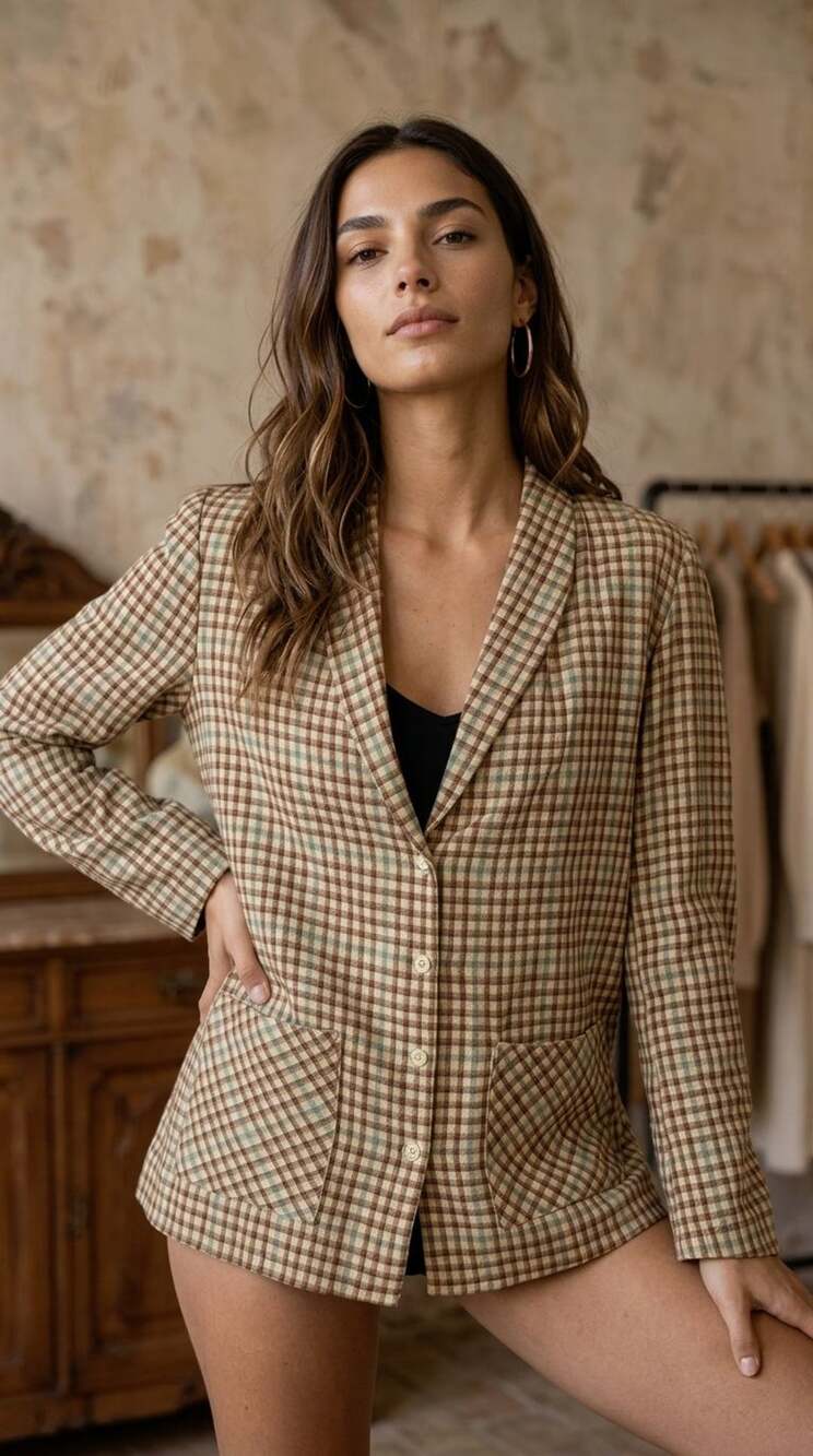 Vintage 1950s Brown and Green Plaid Cotton Button-Down Blazer Jacket